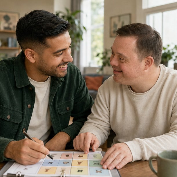 Fictieve begeleider en cliënt die samen een activiteitenplan bespreken