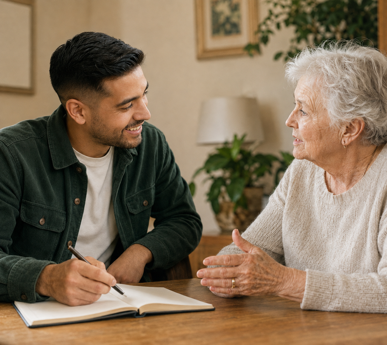 Fictieve begeleider in gesprek met een oudere vrouw aan tafel